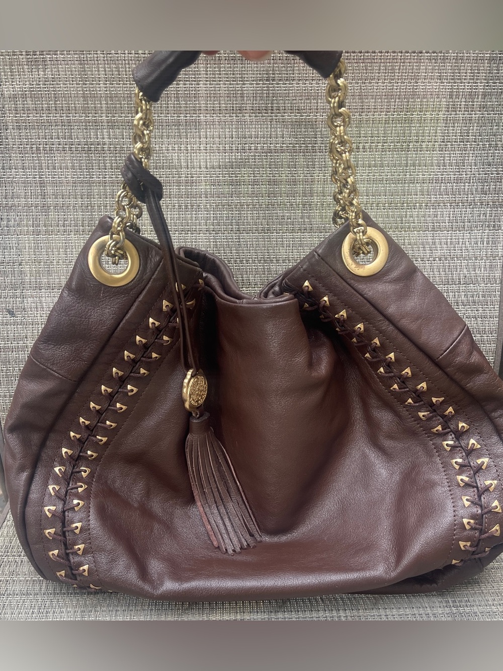 Vince Camuto Brown Hobo Shoulder Bag Gold Chain Tassel Charm Large